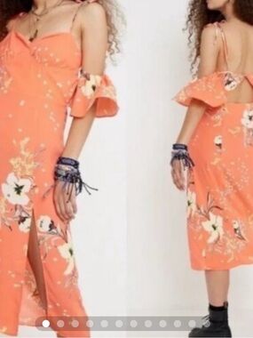 Urban Outfitters Orange Floral Cold-Shoulder Midi Dress